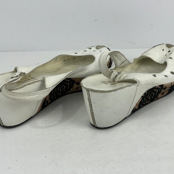 Phany Wedge Sandals Size 8 EU 39 White Leather Beige Round Open Toe Heel 2.5in - Picture 4 of 6